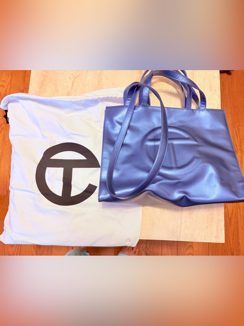 Telfar Metallic Blue Large Tote with Embossed Logo with Duster